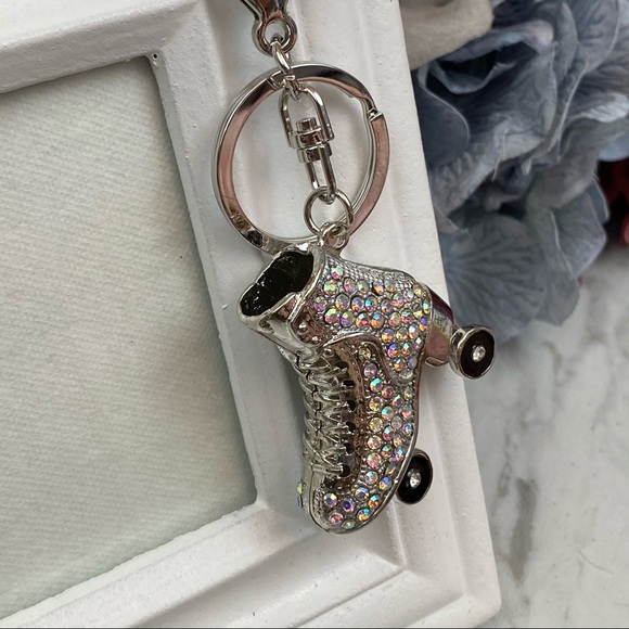 Silver Iridescent Crystal Roller Skate Keychain Charm - Picture 6 of 15